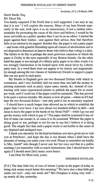 March 30 1849 letter from Douglass to Gerrit Smith mentioning North Star financial problems.